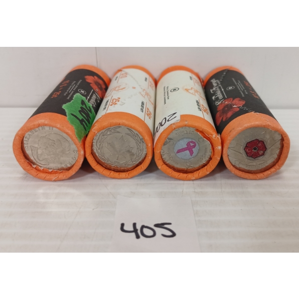 LOT OF 4 - 2004 & 2006 RCM 25 CENT COIN ROLLS - INCL REMEMBRANCE DAY ROLLS