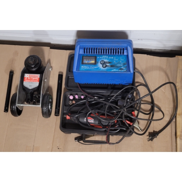 LOT OF 3 - 2T SMALL TROLLEY JACK, NAUTALIS BATTERY CHARGER & JOB MATE GRINDER KIT