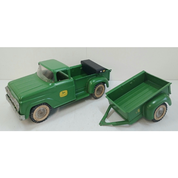 LOT OF 2 - TONKA PRESSED STEEL JOHN DEERE TRUCK & TRAILER
