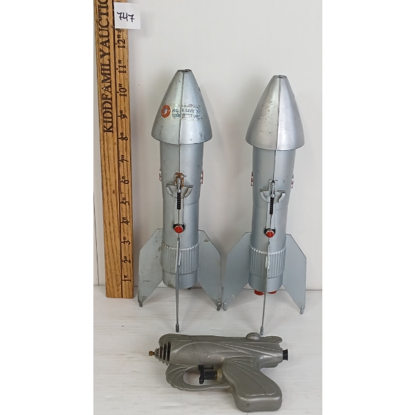 LOT OF 3 - 1957 ASTRO ROCKET METAL MECHANICAL COIN BANKS & TOY SPACE GUN W/ COMPASS