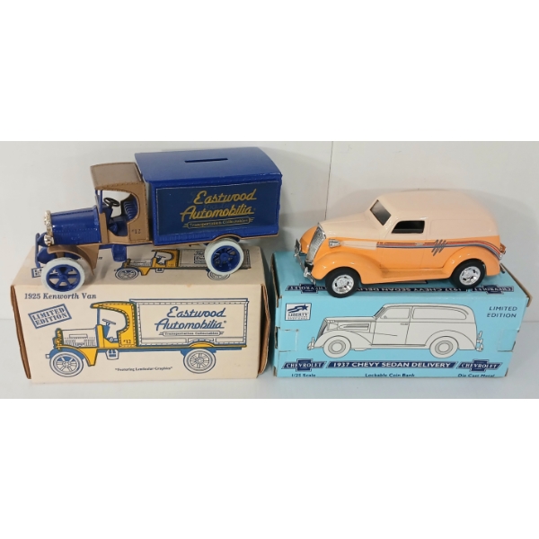 LOT OF 2 - ERTL & LIBERTY DIECAST MODEL COIN BANKS - 1925 KENWORTH VAN & 1937 SEDAN DELIVERY