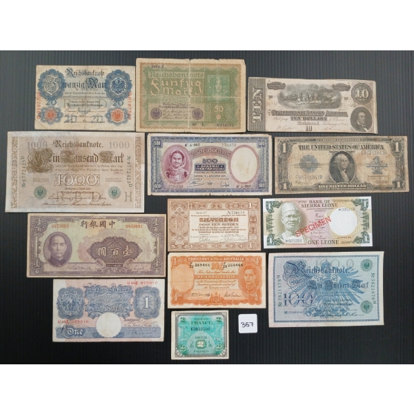 LOT OF 13 - WORLD BANKNOTES - INCL 1864 CONFEDERATE STATES AMERICA $10