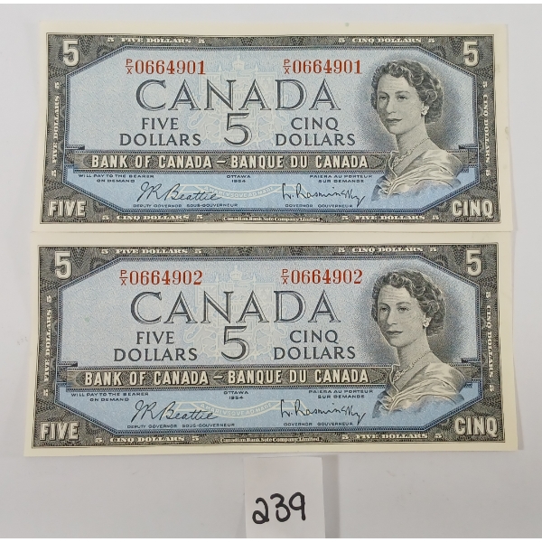 LOT OF 2 - 1954 CDN $5 BANKNOTES - SEQUENTIAL