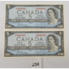 Image 1 : LOT OF 2 - 1954 CDN $5 BANKNOTES - SEQUENTIAL