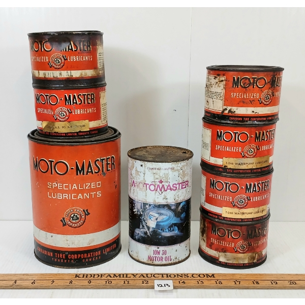 LOT OF 8 - MOTO-MASTER CANS - 1 & 5LBS SPECIALIZED LUBRICANTS, ETC