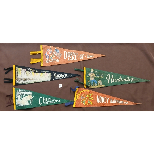 LOT OF 5 - PENNANT BANNERS - INCL DORSET LAKE-OF-BAYS, HUNTSVILLE, NIAGARA FALLS, ETC
