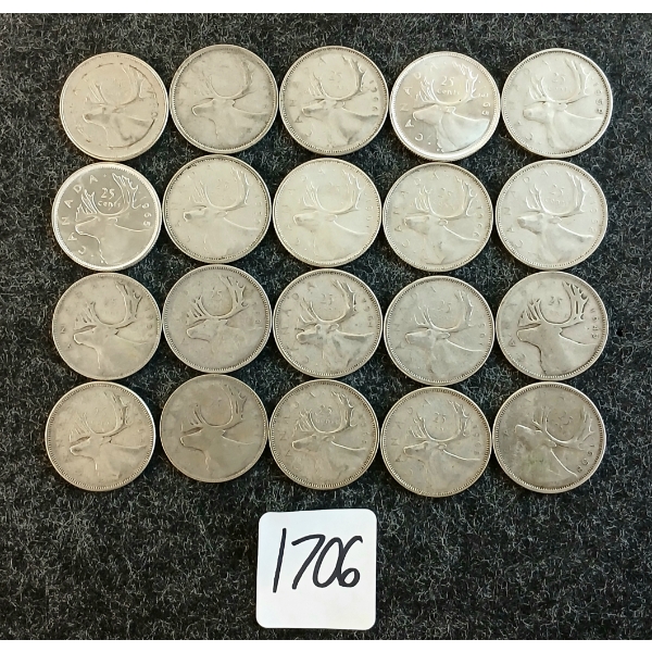 LOT OF 20 - 1941-1966 CDN 25 CENT COINS
