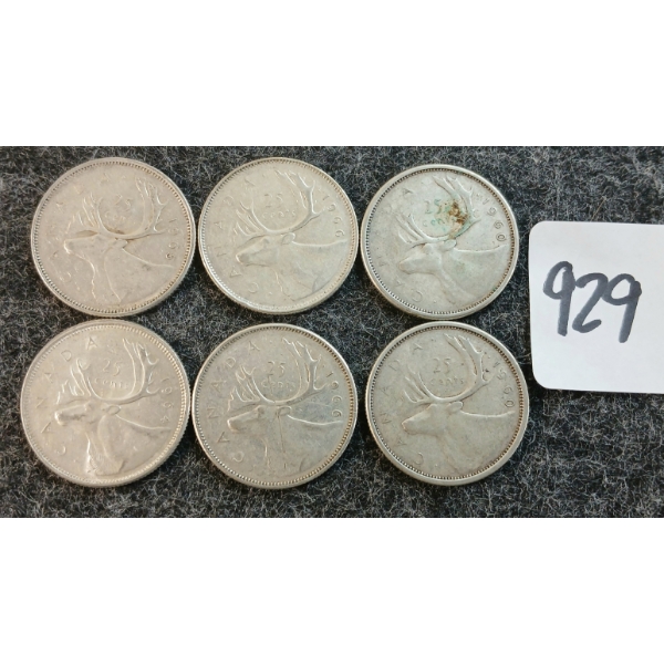 LOT OF 6 - 1960-1966 CDN 25 CENT COINS