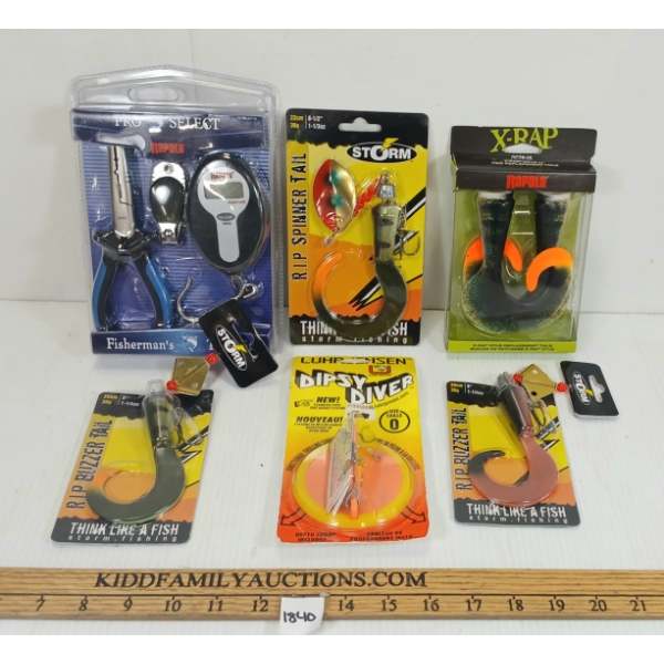 LOT OF 6 - FISHING LURES & FISHERMAN'S TOOL KIT - INCL RAPALA & STORM