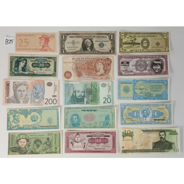 LOT OF 15 - WORLD BANKNOTES - YUGOSLAVIA, DOMINICAN REPUBLIC, INDONESIA, ENGLAND & U.S.