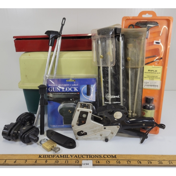 JOB LOT - PLANO TACKLEBOX, GUN LOCKS, HOPPE'S RIFLE CLEANING KIT, ETC