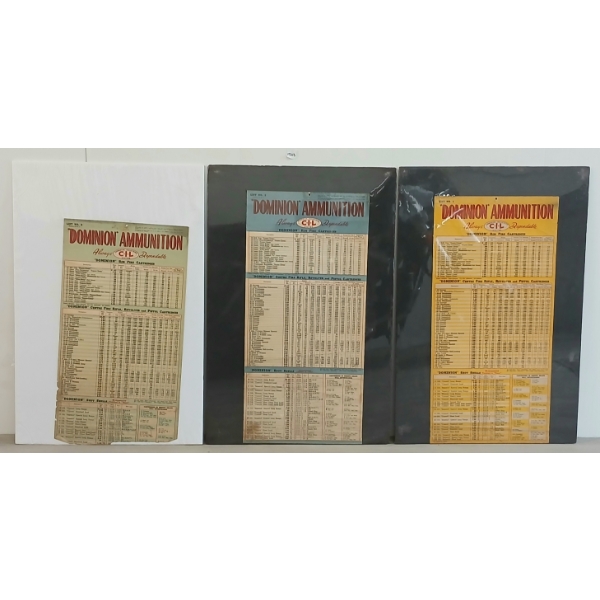 LOT OF 3 - DOMINION AMMUNITION LIST NO. 1, 2 & 3 - POSTERS ON BOARDS