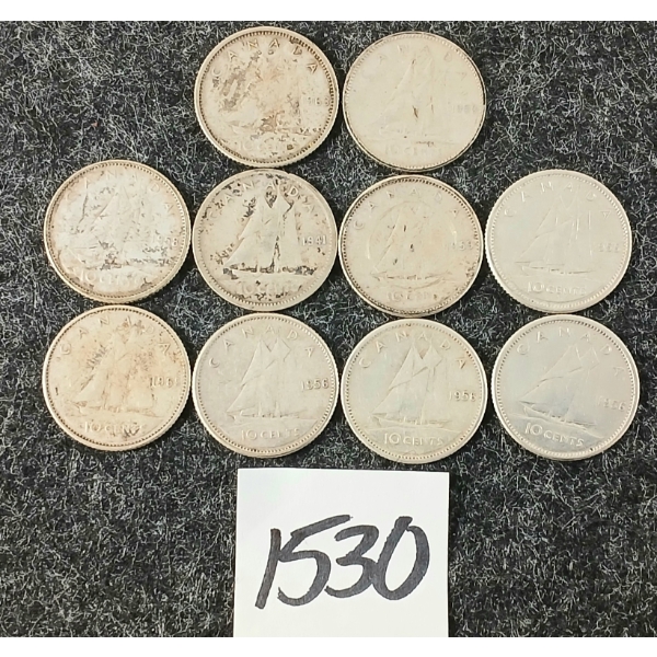 LOT OF 10 - 1941-1963 CDN 10 CENT SILVER COINS