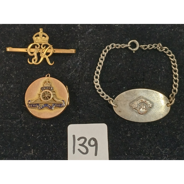 LOT OF 3 - C.W.A.C. STERLING SILVER BRACELET, GR VI PIN & ROYAL ARTLLERY SWEETHEART LOCKET