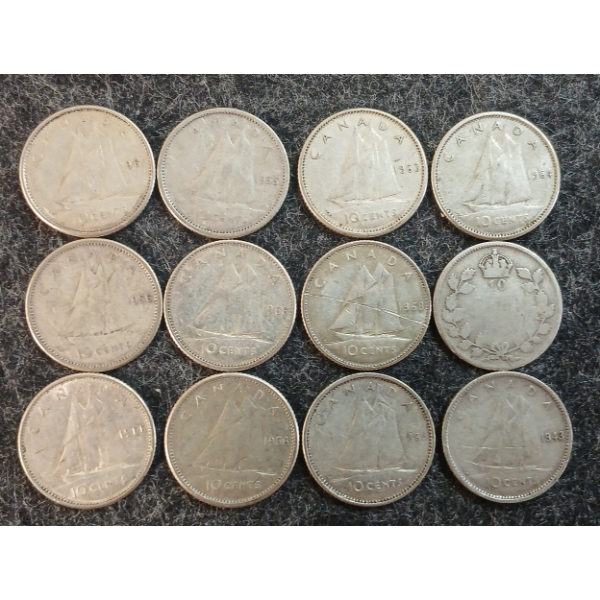 LOT OF 12 - 1943-1968 CDN 10 CENT COINS