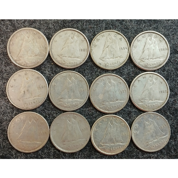 LOT OF 12 - 1950-1966 CDN 10 CENT COINS