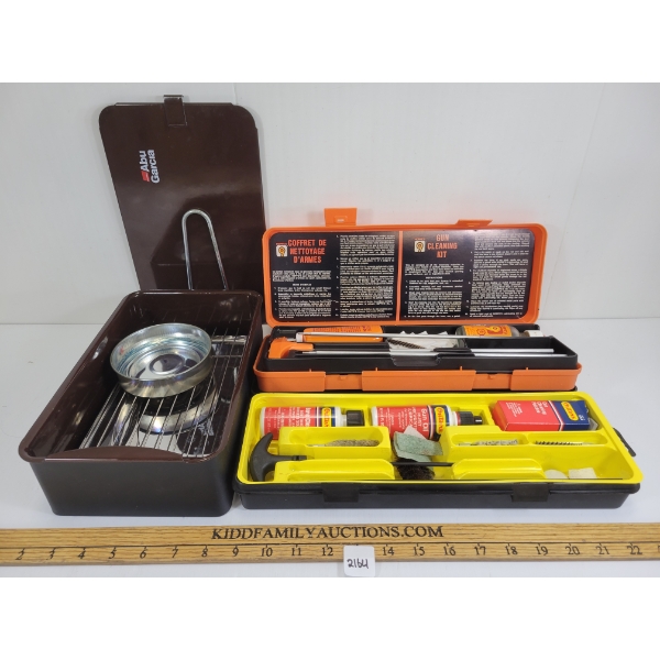 LOT OF 3 - ABU GARCIA PORTABLE FISH SMOKER, HOPPE'S & OUTERS FIREARM CLEANING KITS 