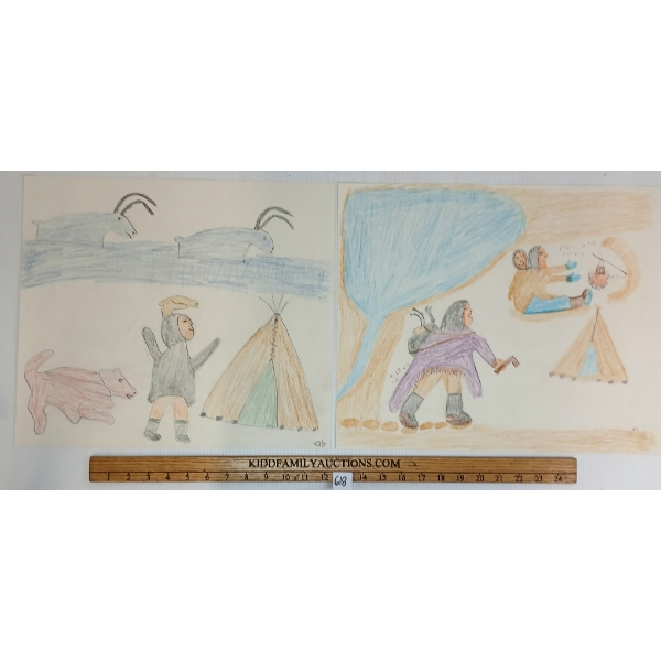 LOT OF 2 -  "HUNTER RETURNS W/ DINNER" & "CARIBOU NEAR HUNTING CAMP" BY MARY AYAQ ANOWTALIK