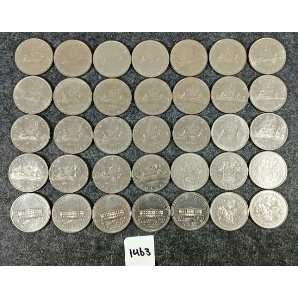 LOT OF 35 - 1969-1973 CDN DOLLAR COINS - MANITOBA, PRINCE EDWARD & VOYAGEUR