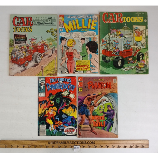LOT OF 5 - MARVEL, CHARLTON & CAR TOONS COMIC BOOKS - INCL "MILLIE THE MODEL", "THE PHANTOM", ETC