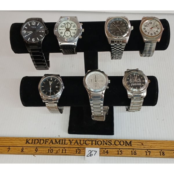 LOT OF 7 - BLACK & SILVER WATCHES - INCL CARAVELLE, SEIKO, SPIDERMAN, ETC