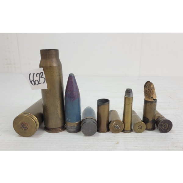 AMMO / BRASS / PROJECTILE: 10X MILITARY ISSUE CARTRIDGES - INCL 20MM, 57SNIDER, .45-75W.C.F., ETC