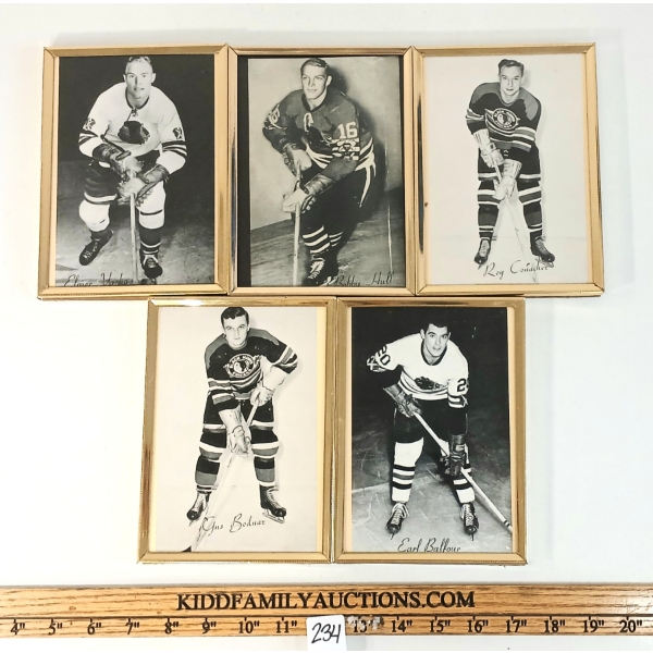 LOT OF 5 - 1944-1963 BEEHIVE HOCKEY PHOTOS - EARL BALFOUR, BOBBY HULL, ELMER VASKO, ETC