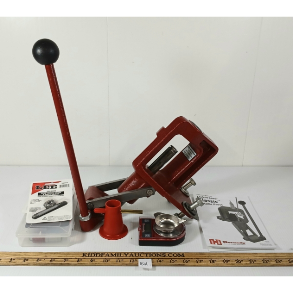 LOT OF 6 - HORNADY SINGLE-STAGE RELOADING PRESS, SHELL HOLDERS, G2 1500 ELECTRIC SCALES, ETC