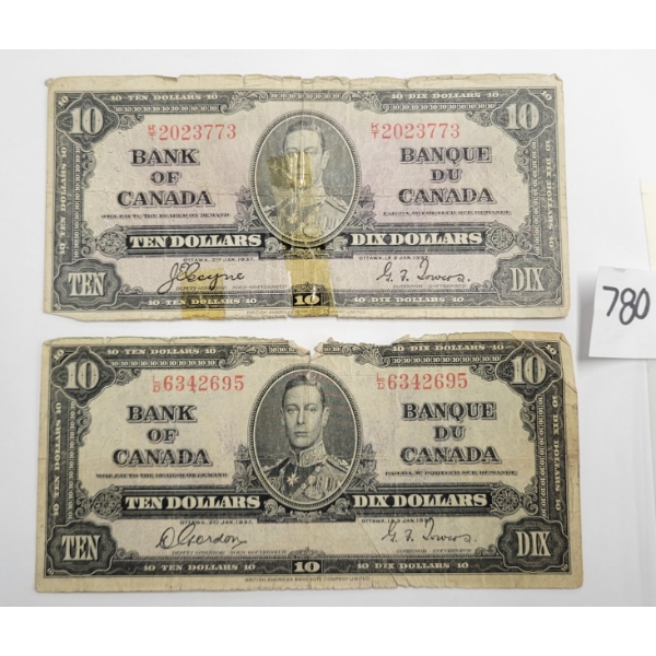 LOT OF 2 - 1937 BANK OF CANADA $10 BANKNOTES