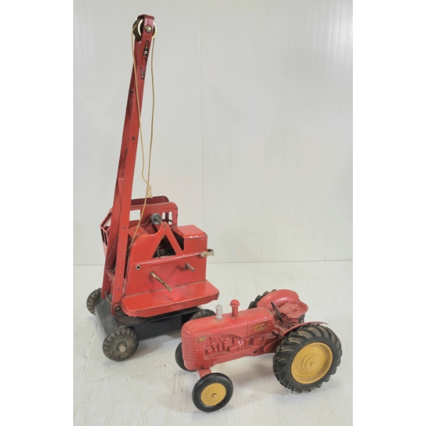 LOT OF 2 - TRI-ANG JONES KL 44 PRESSED STEEL CRANE & HUBLEY MASSEY HARRIS TRACTOR