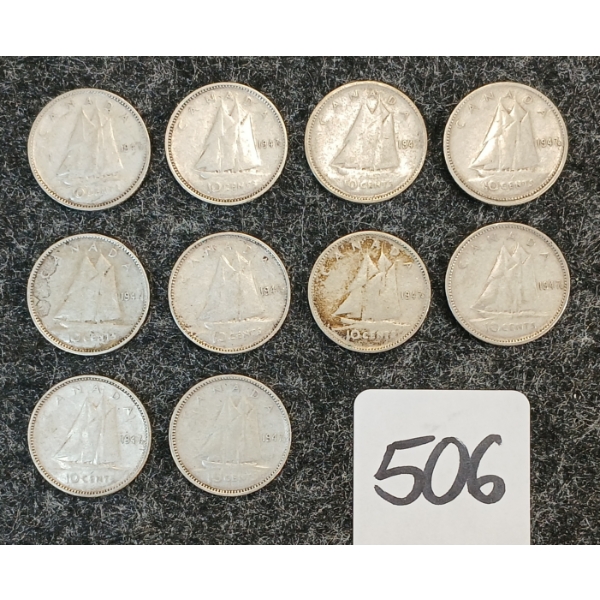 LOT OF 10 - 1947 CDN 10 CENT COINS