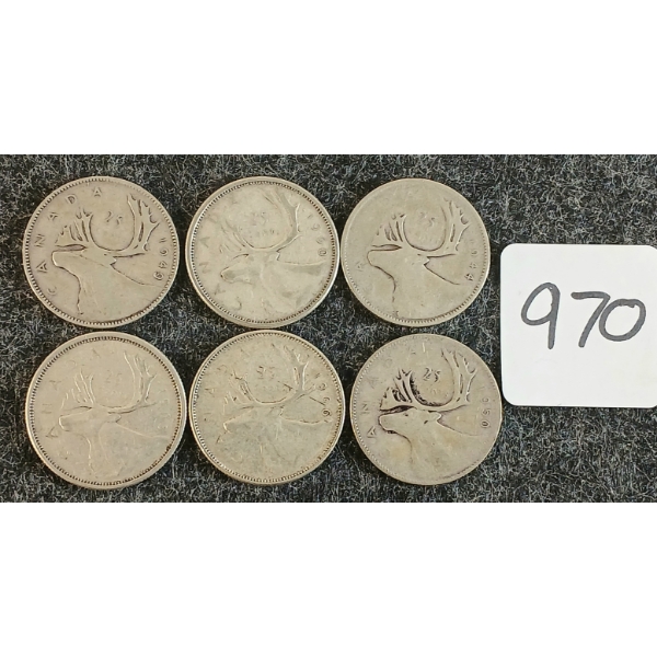 LOT OF 6 - 1944-1966 CDN 25 CENT COINS
