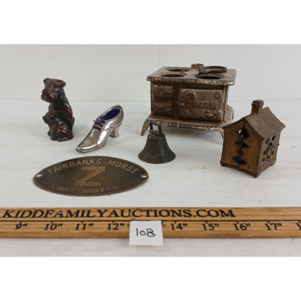 JOB LOT - INCL SHOE MOTIF PIN CUSHION, FAIRBANKS-MORSEZ MFGs PLATE, ETC