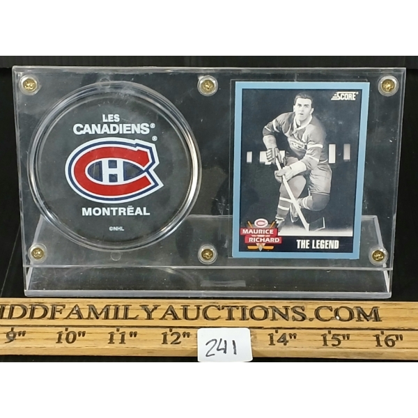 1992 SCORE NHL MONTREAL CANADIENS MAURICE RICHARD HOCKEY CARD & PUCK - AUTOGRAOHED