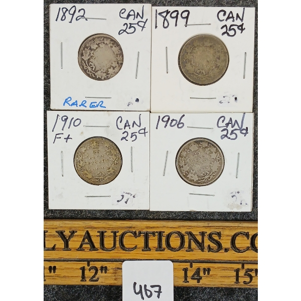 LOT OF 4 - 1892-1910 CDN 25 CENT COINS
