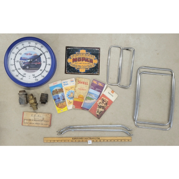JOB LOT - TRAVELERS THERMOMETER, MOPAR SST SIGN, GAS PUMP PARTS & PAMPHLETS 