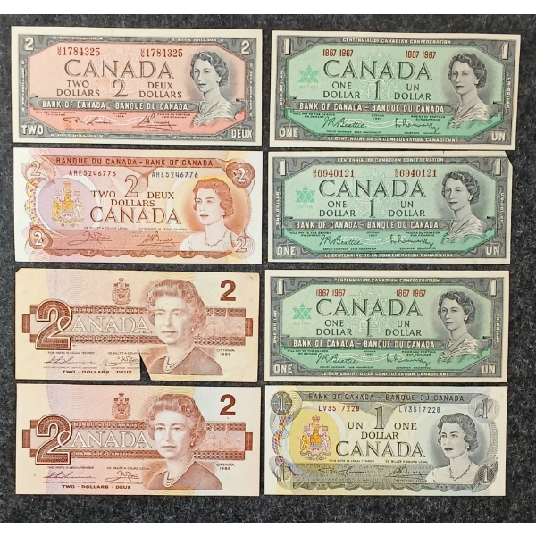 LOT OF 8 - 1954-1986 CDN $1 & $2 BANKNOTES