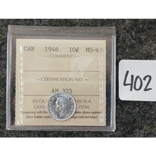 1946 CDN 10 CENT COIN - ICCS GRADED