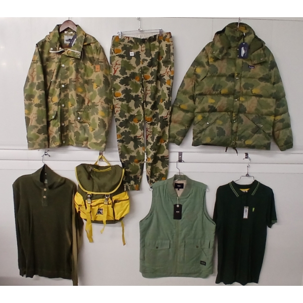 LOT OF 7 - MEN'S MEDIUM JACKETS, SHIRTS, PANTS, VEST & PACK - FT PENFIELD, POLER, ETC