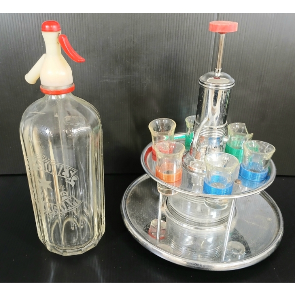 LOT OF 2 - SHIPSTONE'S NOTTINGHAM FLUTED SYPHON BOTTLE & CHROME CAROUSEL LIQUOR DISPENSER