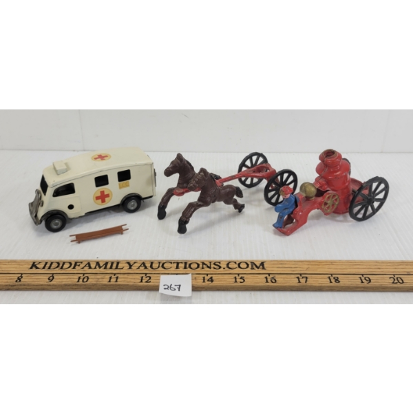 LOT OF 2 - CAST IRON HORSE DRAWN FIRE WAGON & MIMIC TOYS TIN FRICTION AMBULANCE 