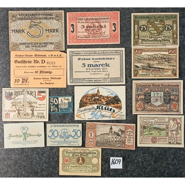 LOT OF 15 - GERMAN, AUSTRIAN & POLISH EMERGENCY MONEY BANKNOTES