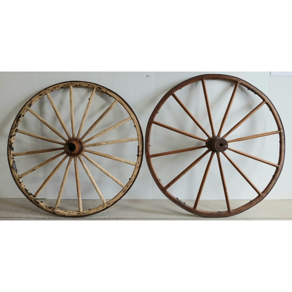 LOT OF 2 - WOOD SPOKE WHEELS W/ METAL OUTER RING