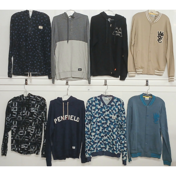 LOT OF 8 - MEN'S SWEATSHIRTS & HOODIES - MFG WESC, POLER, LIFETIME, PENFIELD & RAGWEAR