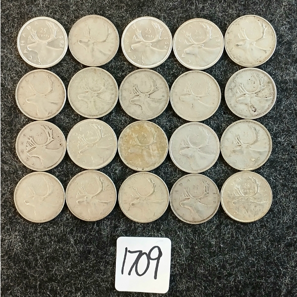 LOT OF 20 - 1940-1968 CDN 25 CENT COINS