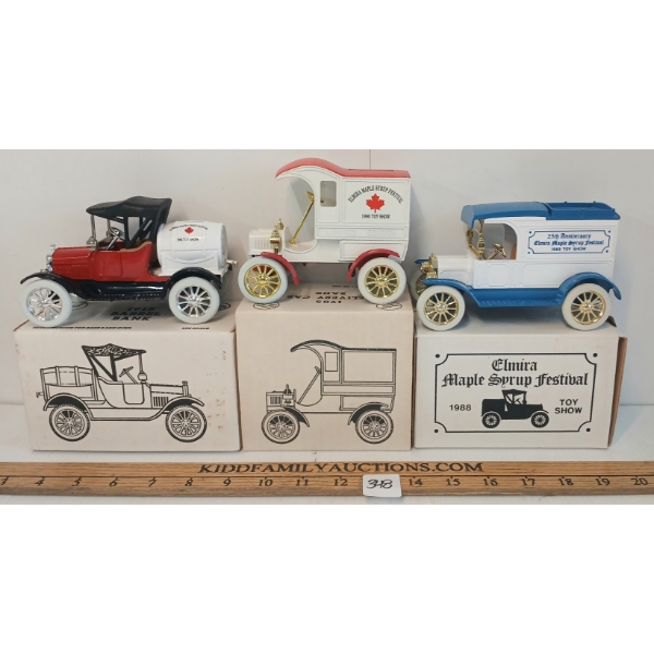 LOT OF 3 - ERTL 1905 DELIVERY CAR, 1913 MODEL T, 1918 BARREL DIECAST COIN BANKS