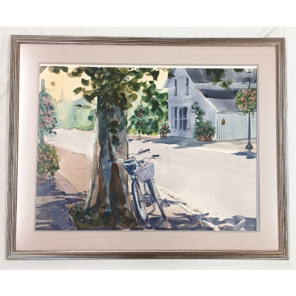 VILLAGE BIKES BY BLAINE - FRAMED MIXED MEDIA ON PAPER