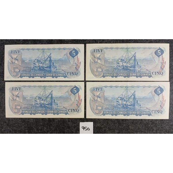 LOT OF 4 - 1972 CDN $5 BANKNOTES 