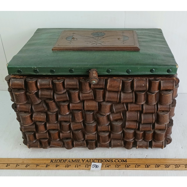 SEWING SPOOL MOTIF BOX W/ LEATHER LINING