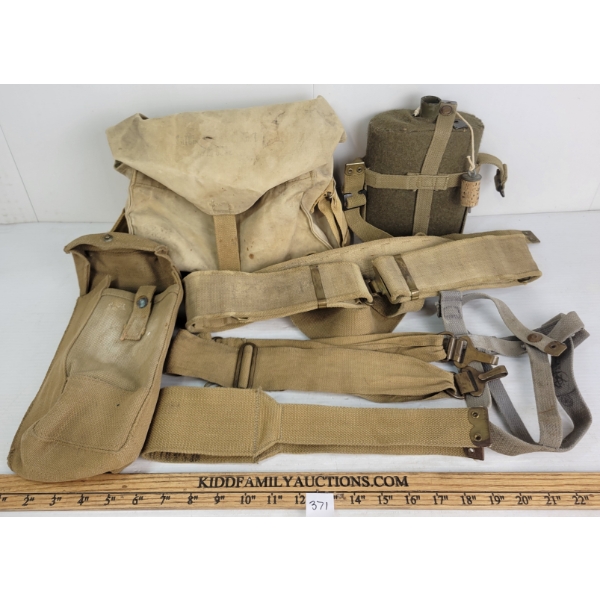 JOB LOT - WWII CDN PATTERN 1937 WEB EQUIPMENT - INCL BAG, MAG POUCHES, CANTEEN, STRAPS, ETC